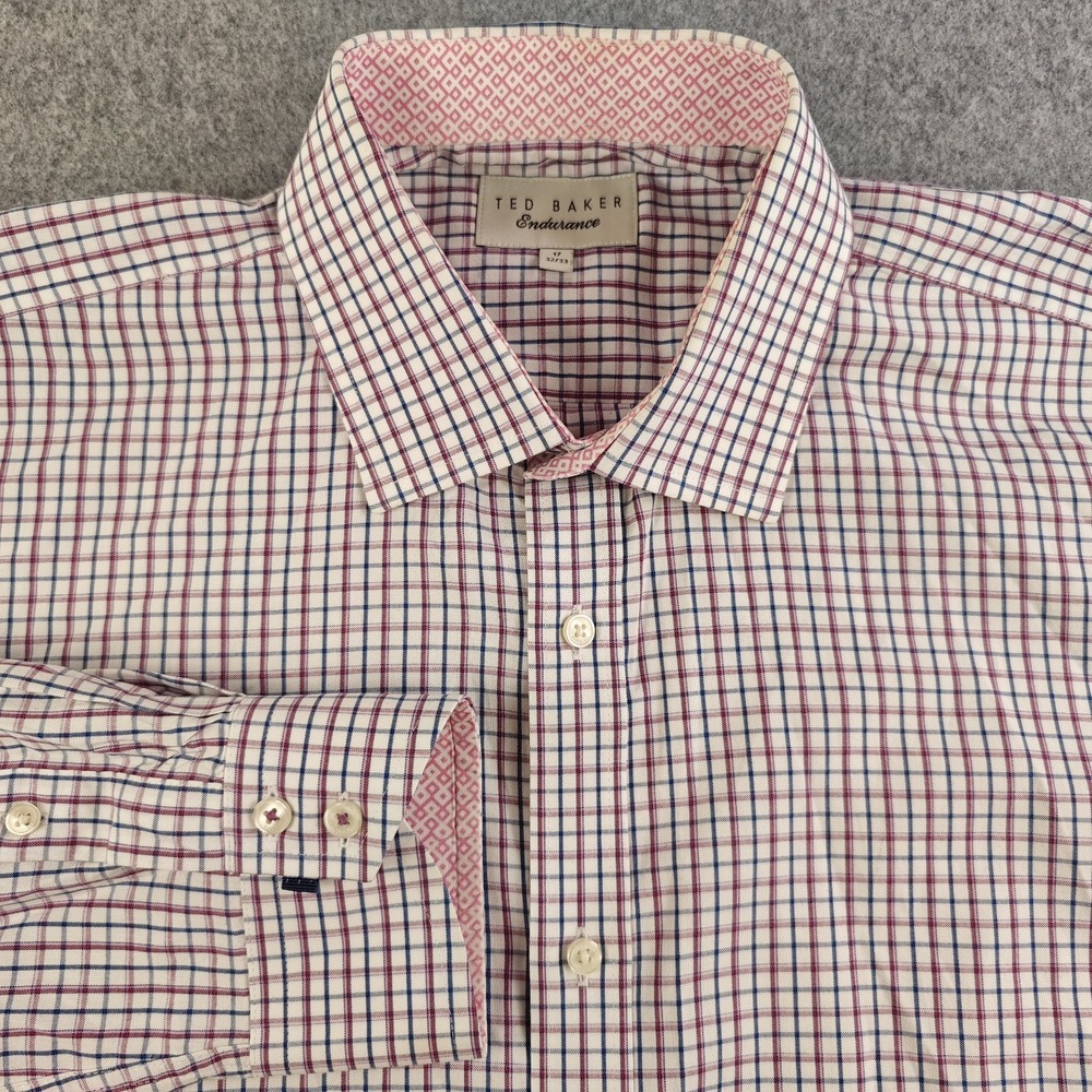 Ted Baker Endurance Dress Shirt Mens 17 32/33 Red Blue Check 100% Cotton